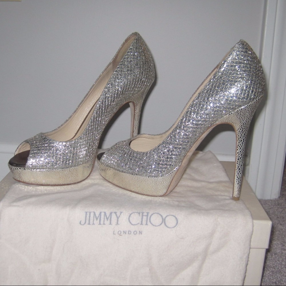 Jimmy Choo Silver Peep-Toe Heels